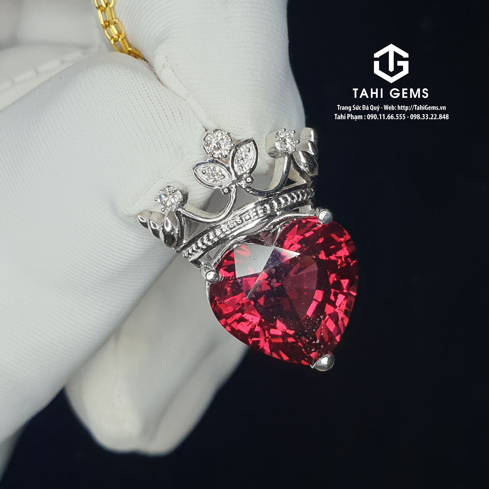 Tahi 5981 – Mặt dây chuyền vương miện trái tim đá quý Garnet mix Diamond