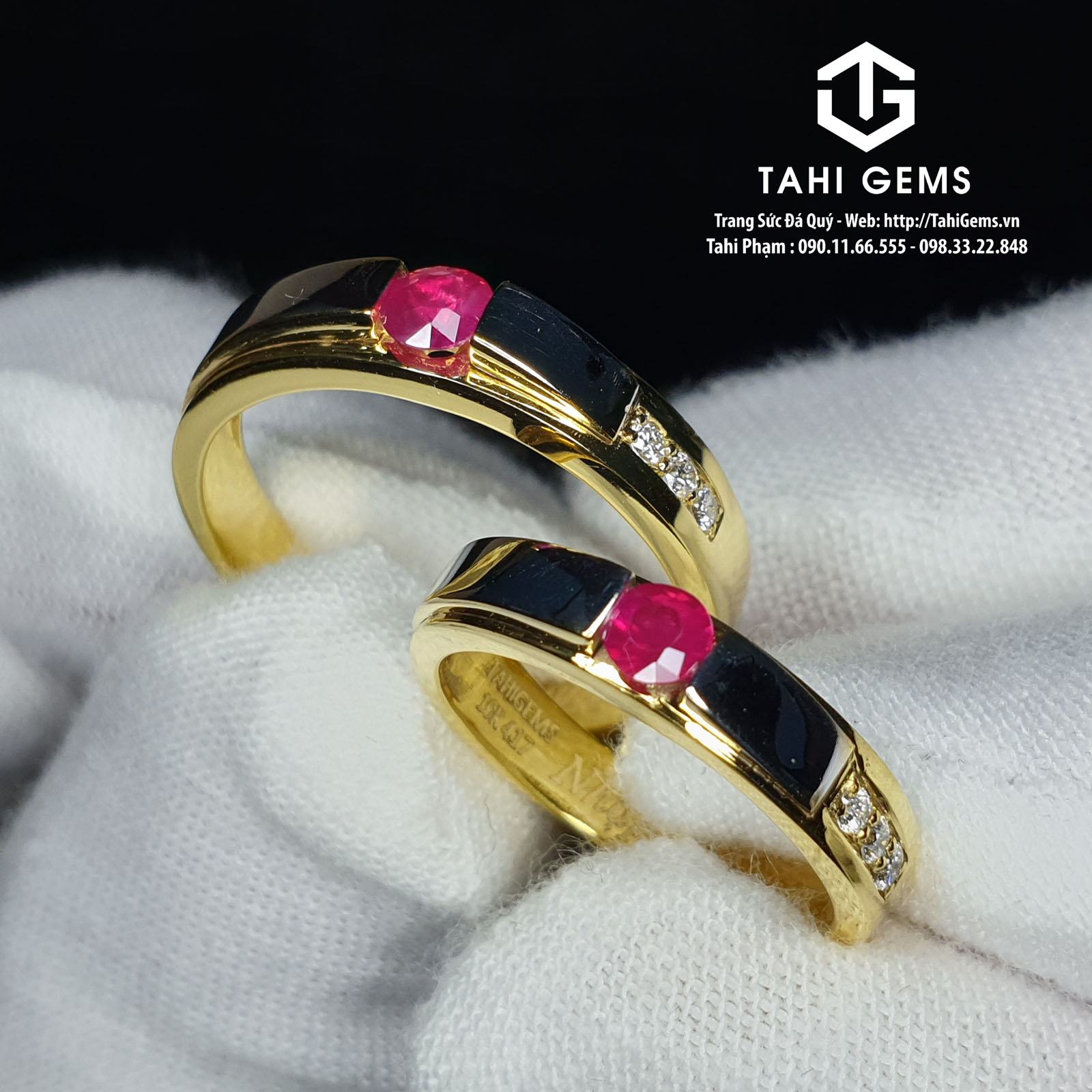 Tahi 3990 – đôi nhẫn cưới đá quý Ruby kết hợp Kim Cương mẫu cổ điển